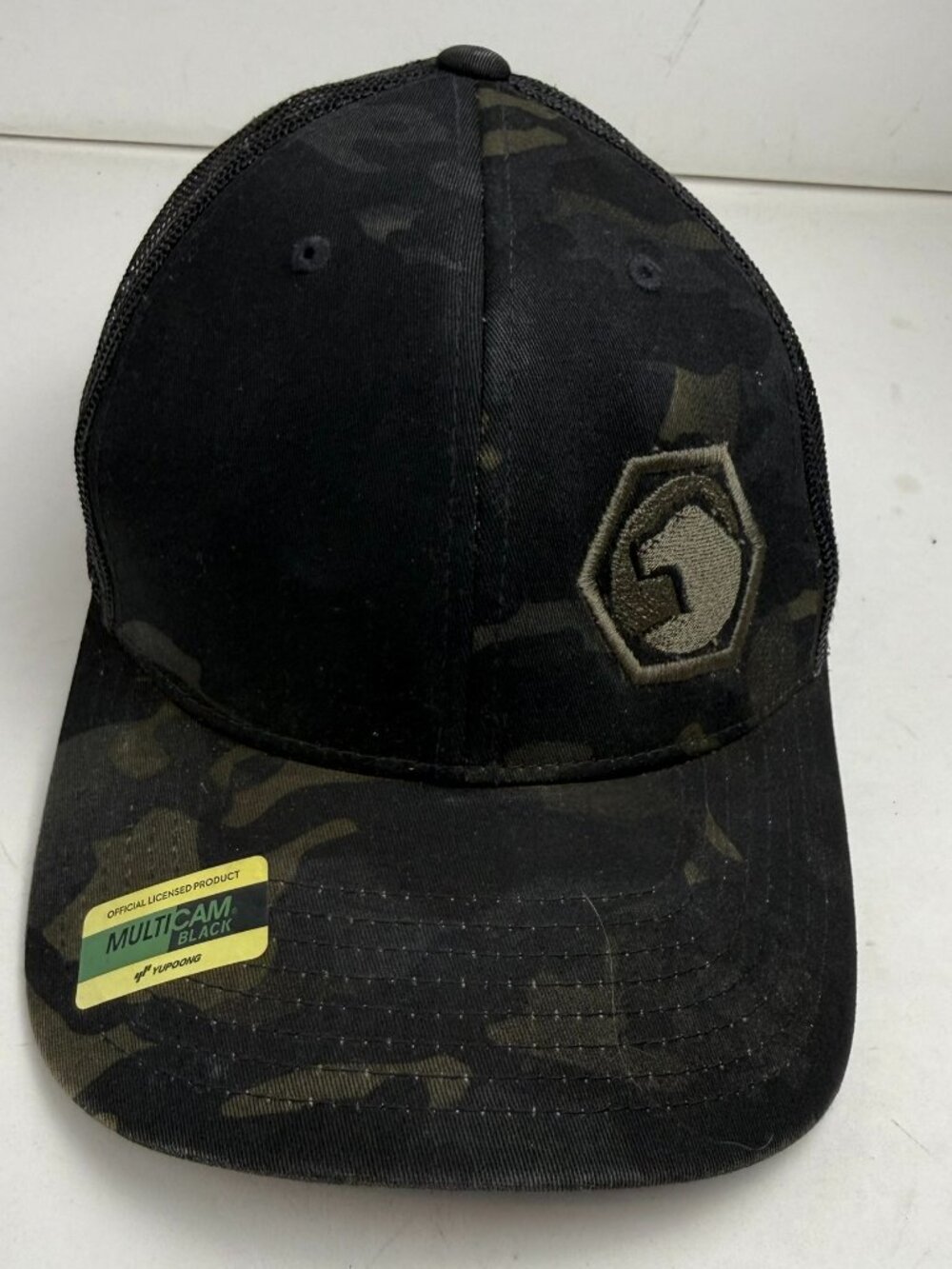 Sport-Tek Yupoong Trucker Hat Cap MultiCam Black Camo Mesh Snapback Hex *Stain*